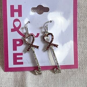 Breast Cancer Awareness Heart Key Earrings with Rhinestones